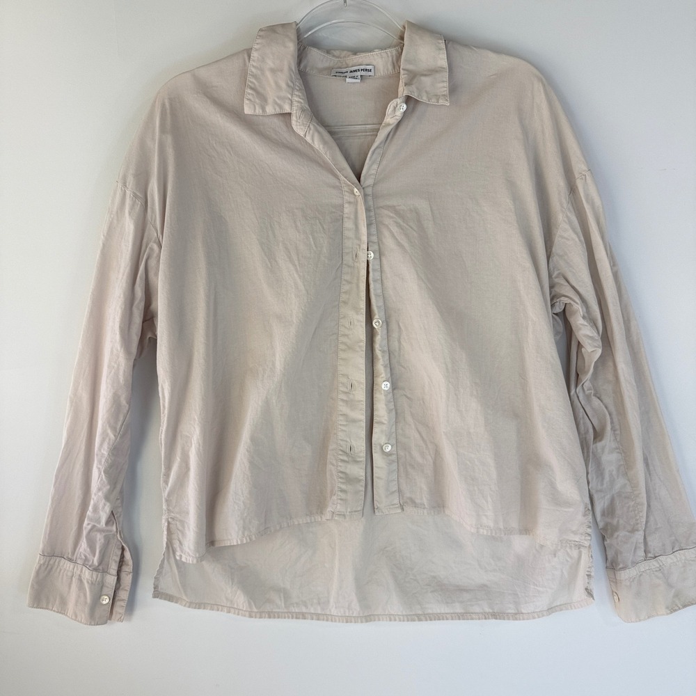 James Perse Button Down Shirt Womens 1 Beige Cotton Long Sleeve WLC3197 Relaxed